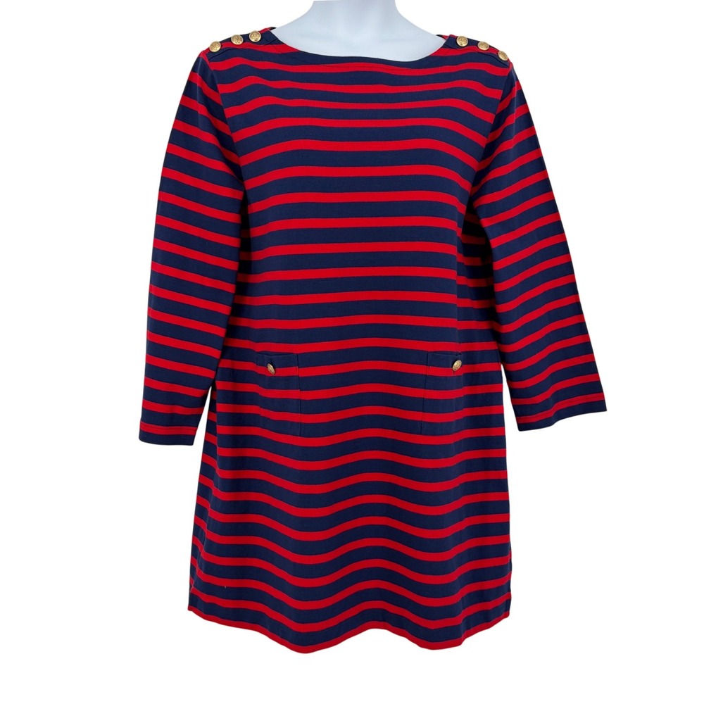 J.Crew Shift Dress Red Navy Stripe Gold Button Nautical Sailor XXL Boatneck Knit